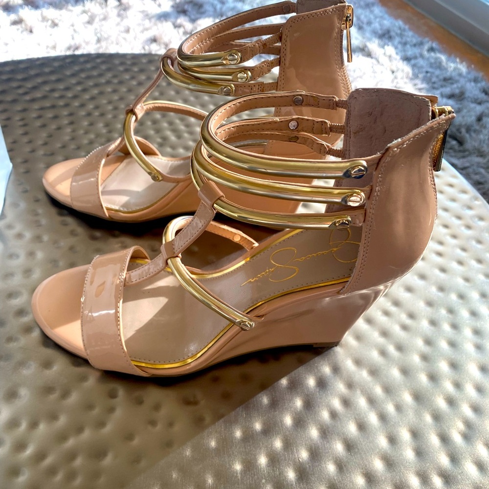 Jessica Simpson Nude Patent Wedge Sandals with Gold Accent Straps